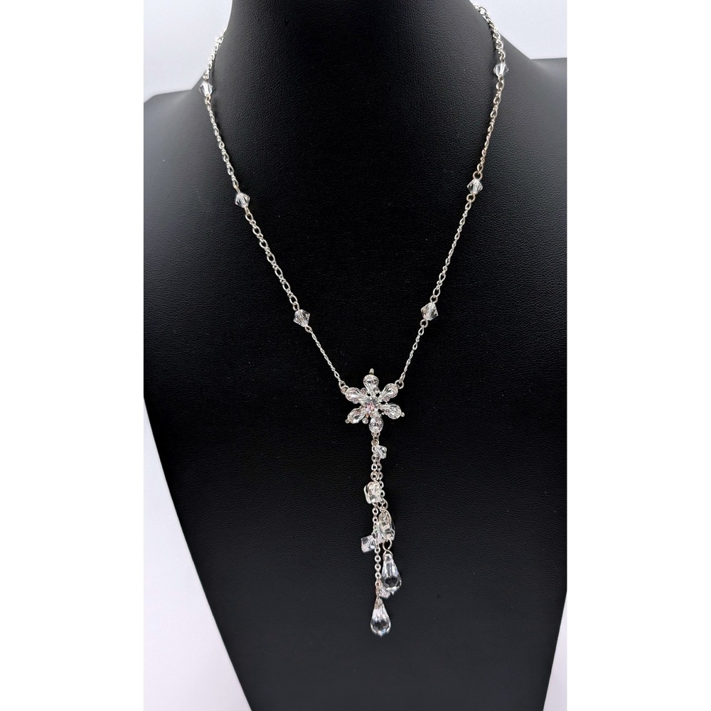 Silver Tone Crystal Flower Y-Necklace Cascading Teardrop Bridal Statement 18.5"